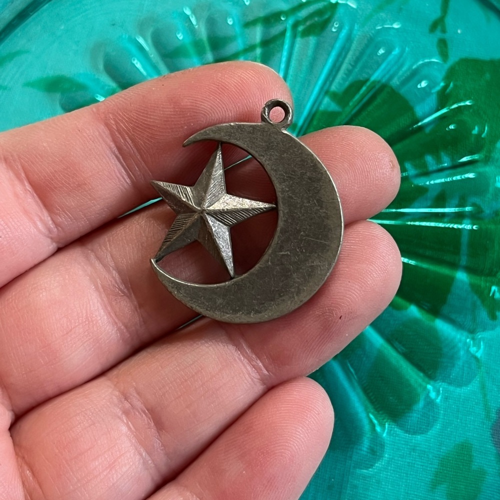Vintage Whimsigoth Celestial Moon and Star Silver Tone Metal Costume Pendant